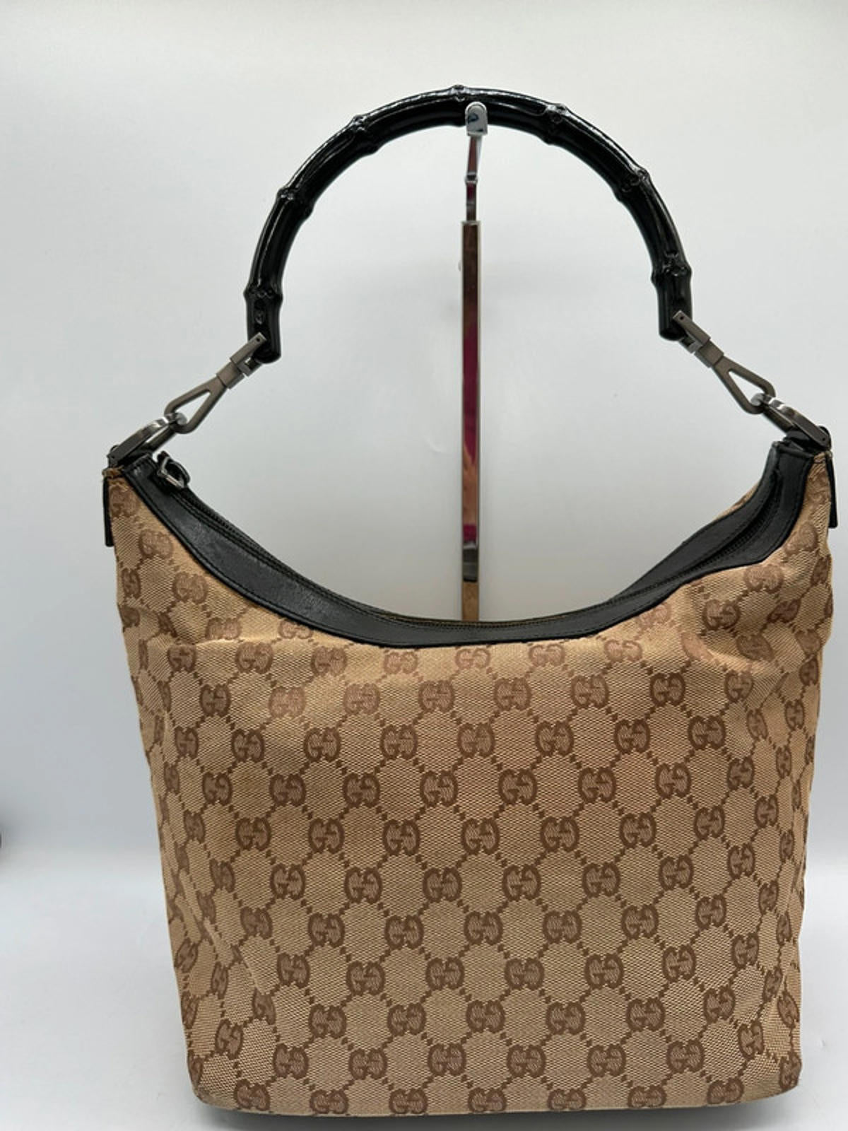 Vintage Gucci GG Monogram Brown Bamboo Crescent Shoulder Bag