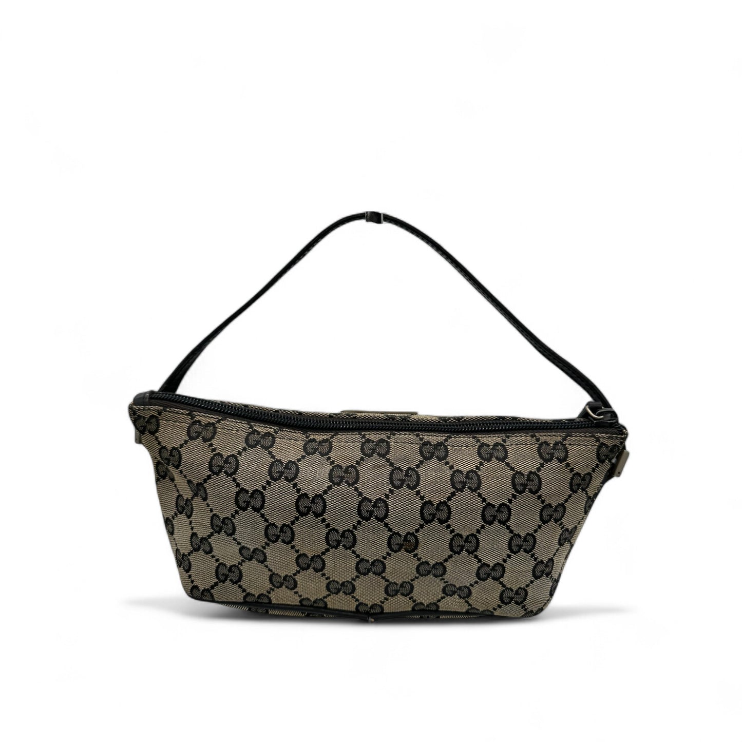 Vintage Gucci Boat Pochette in Black and Grey Monogram with Black Leather Trim