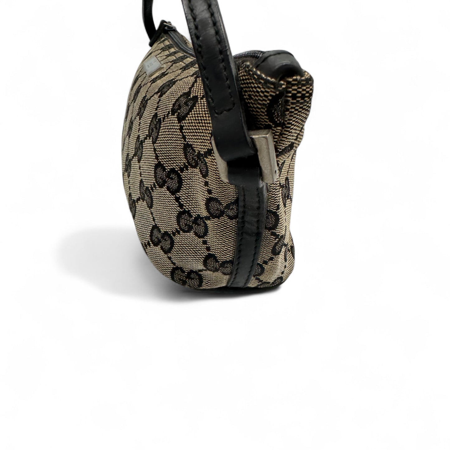 Vintage Gucci Boat Pochette in Black and Grey Monogram with Black Leather Trim