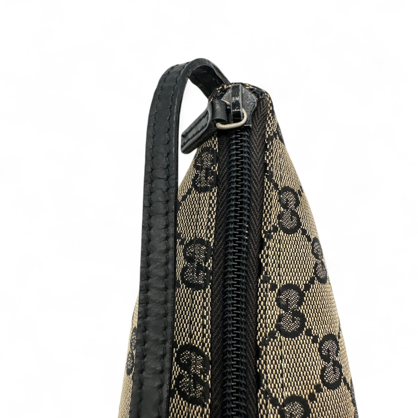 Vintage Gucci Boat Pochette in Black and Grey Monogram with Black Leather Trim