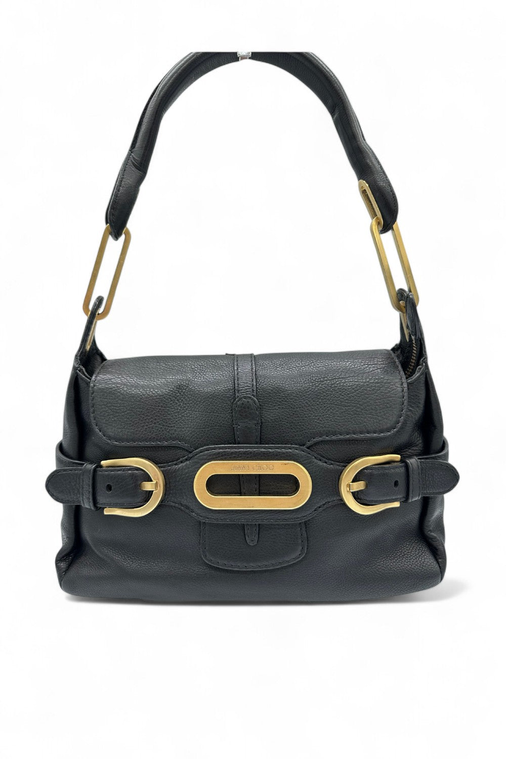 Jimmy Choo Black Pebbled Leather Shoulder Bag with Gold Belted Detail - Thanks it's Vintage