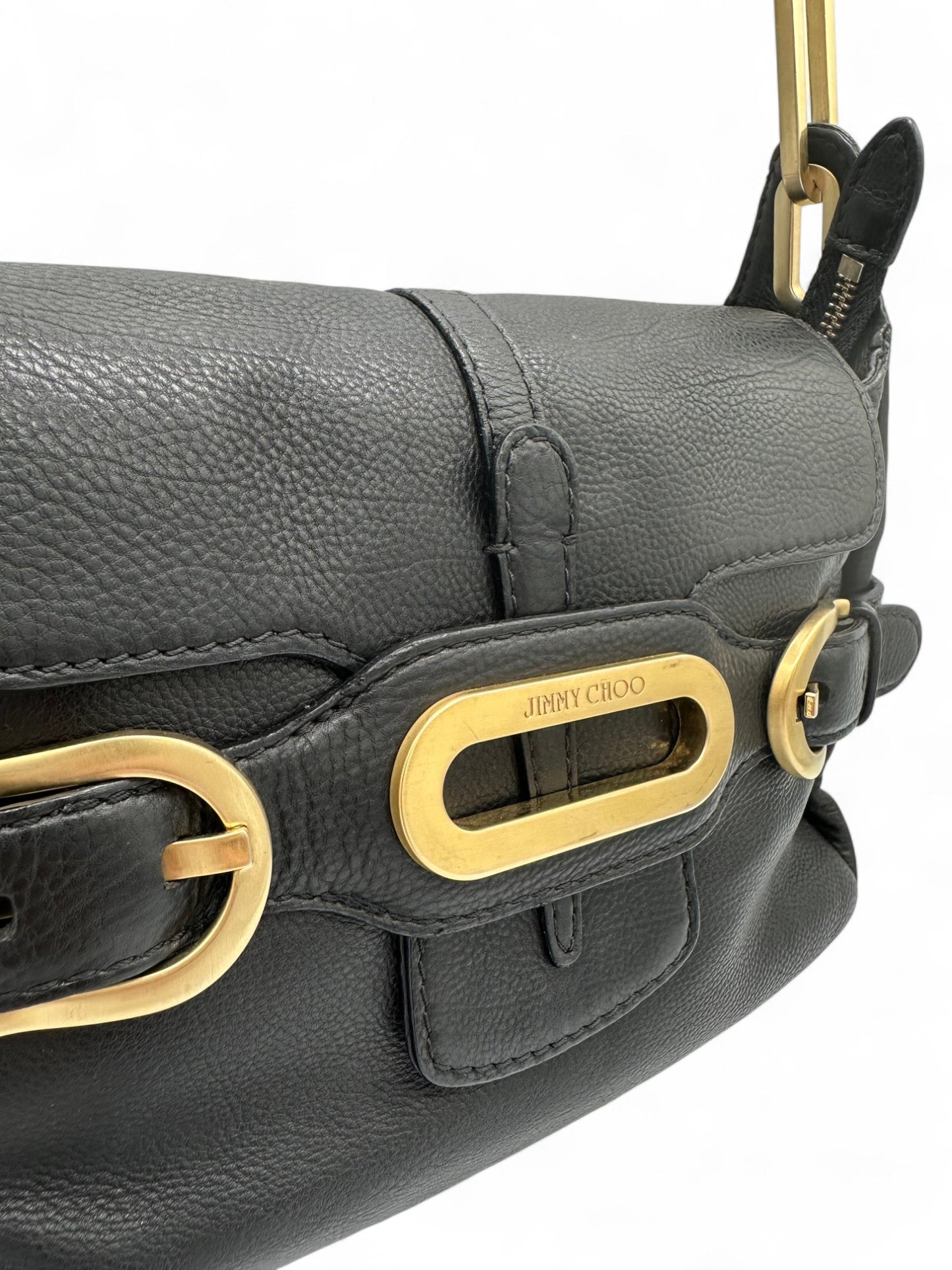 Jimmy Choo Black Pebbled Leather Shoulder Bag with Gold Belted Detail - Thanks it's Vintage