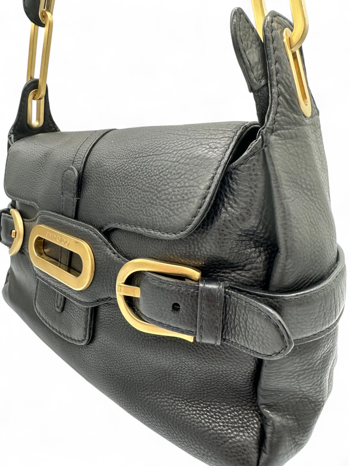 Jimmy Choo Black Pebbled Leather Shoulder Bag with Gold Belted Detail - Thanks it's Vintage