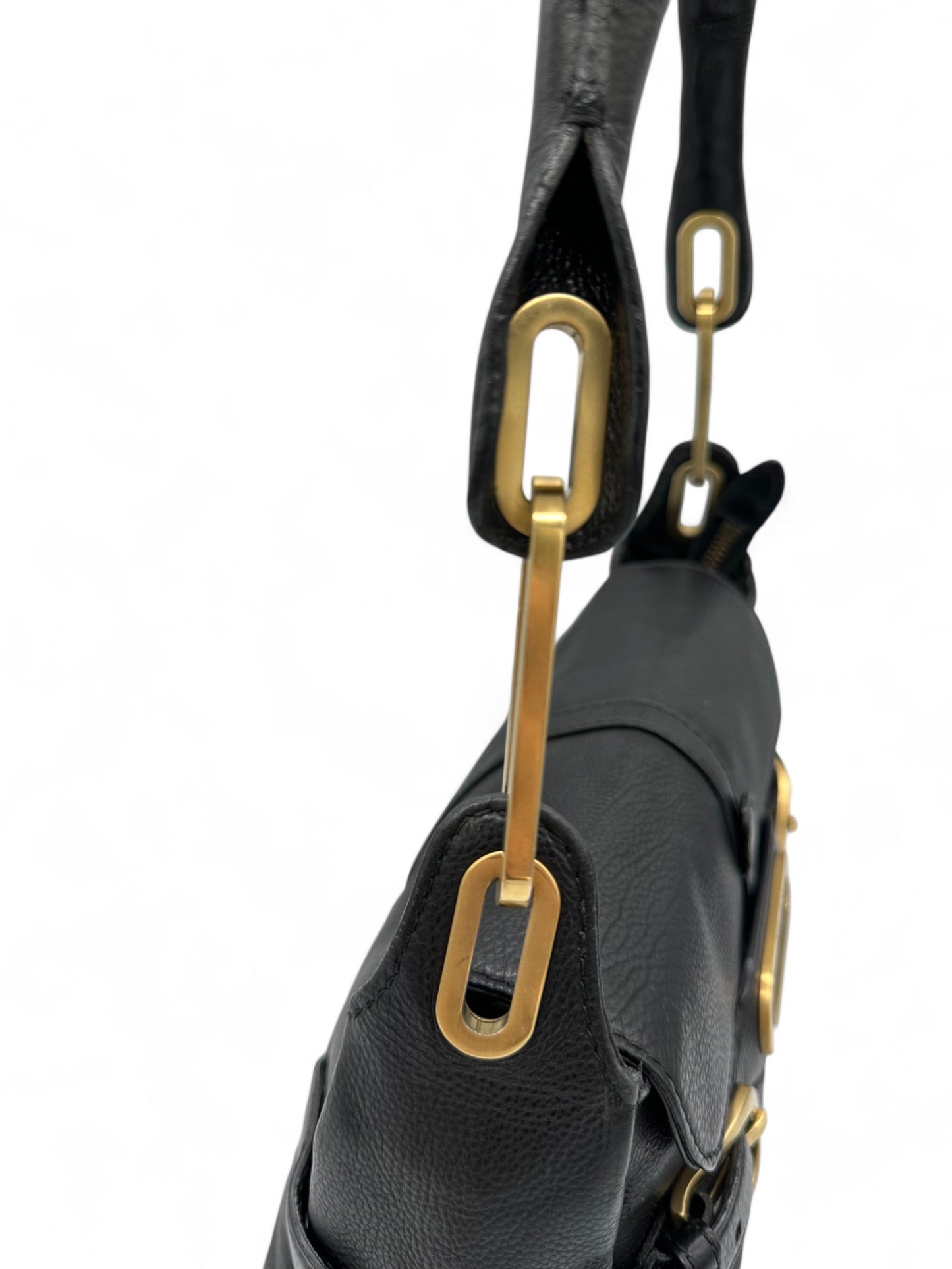 Jimmy Choo Black Pebbled Leather Shoulder Bag with Gold Belted Detail - Thanks it's Vintage