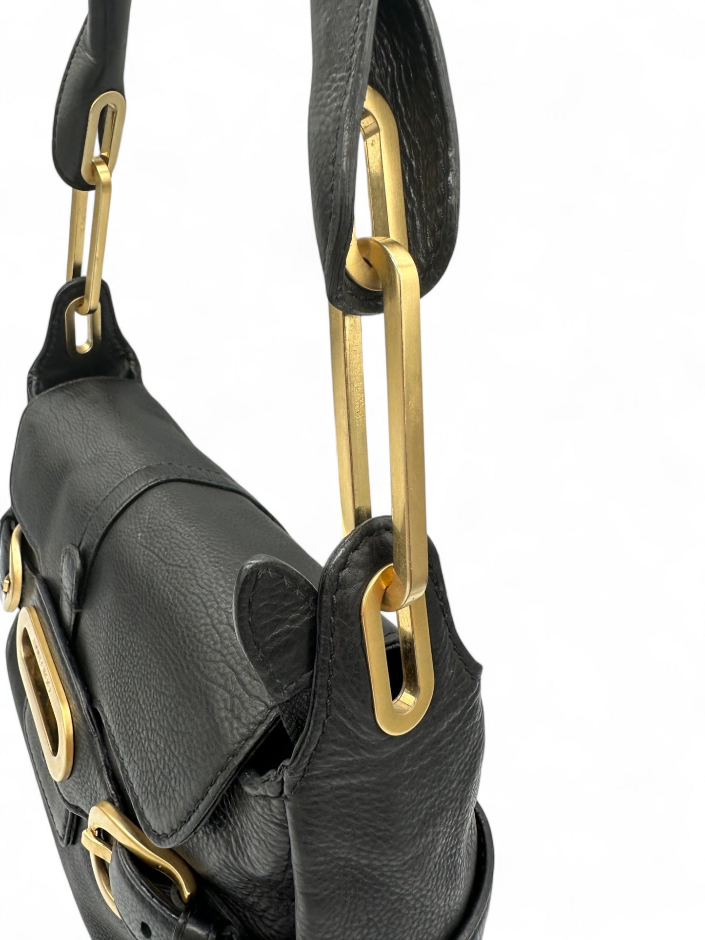Jimmy Choo Black Pebbled Leather Shoulder Bag with Gold Belted Detail - Thanks it's Vintage