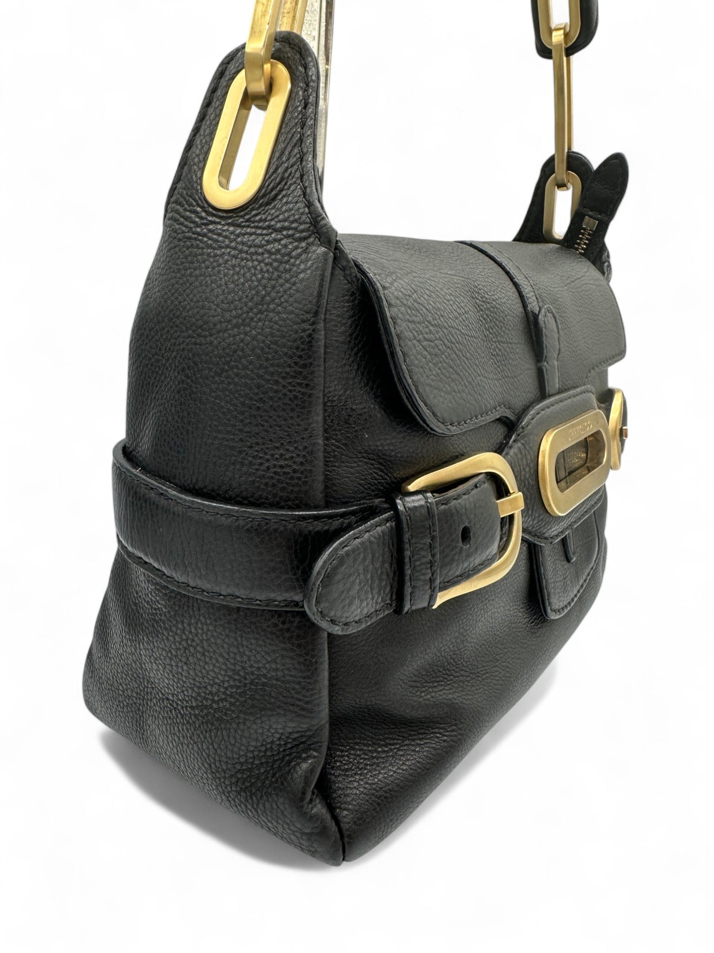 Jimmy Choo Black Pebbled Leather Shoulder Bag with Gold Belted Detail - Thanks it's Vintage