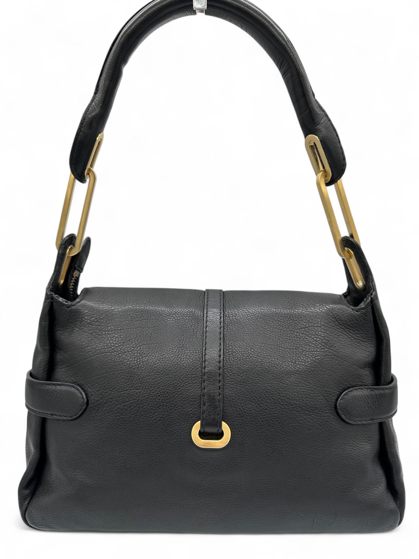 Jimmy Choo Black Pebbled Leather Shoulder Bag with Gold Belted Detail - Thanks it's Vintage