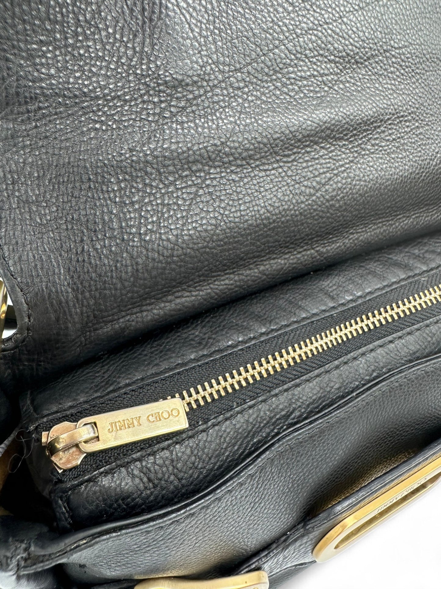 Jimmy Choo Black Pebbled Leather Shoulder Bag with Gold Belted Detail - Thanks it's Vintage