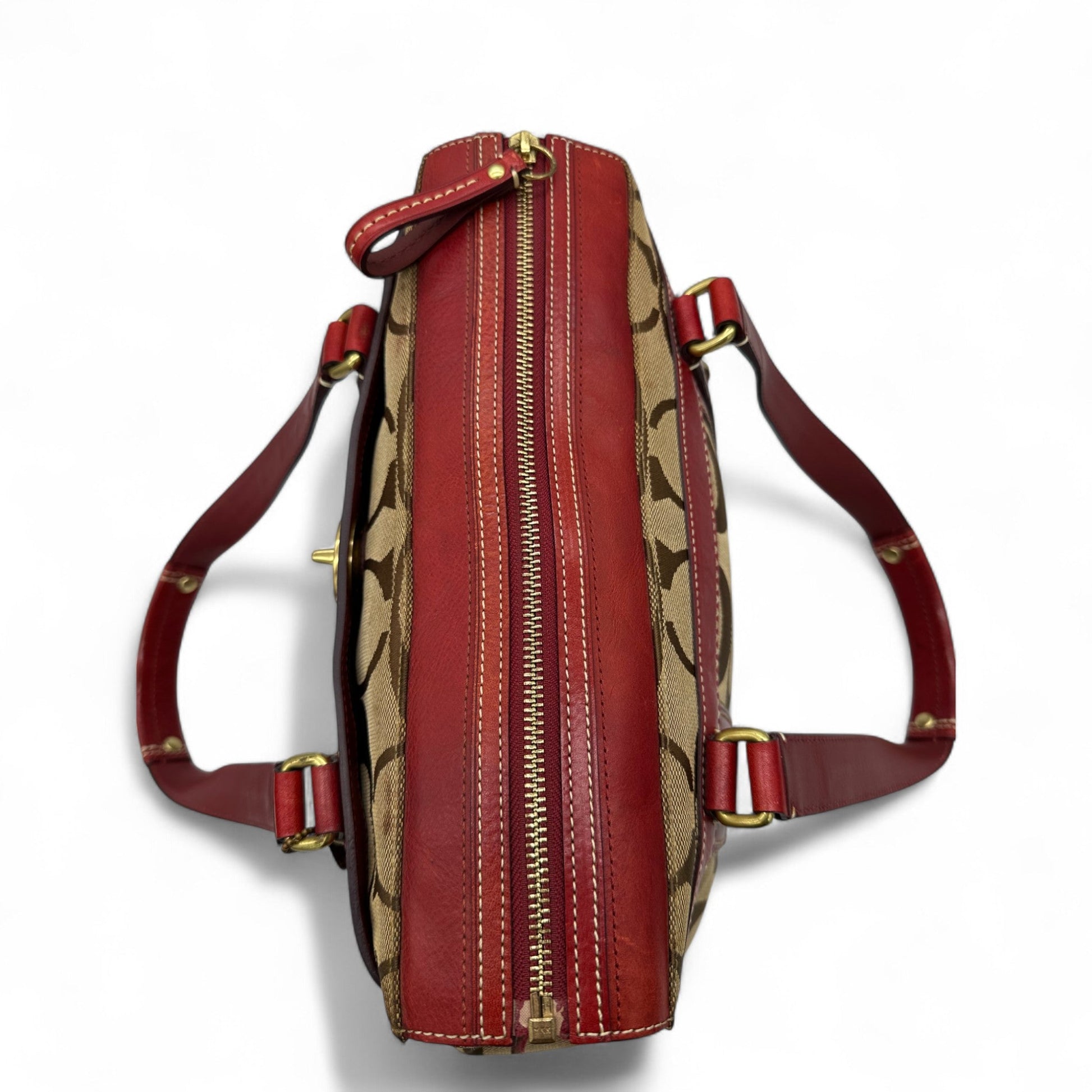 Vintage Coach 11072 Turnlock Red Leather Trim Monogram Handbag - Thanks it's Vintage