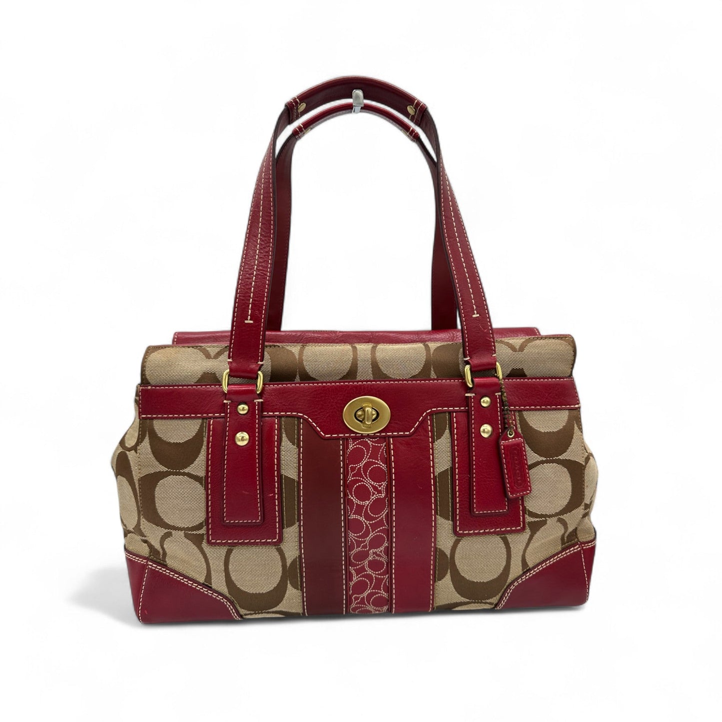 Vintage Coach 11072 Turnlock Red Leather Trim Monogram Handbag - Thanks it's Vintage