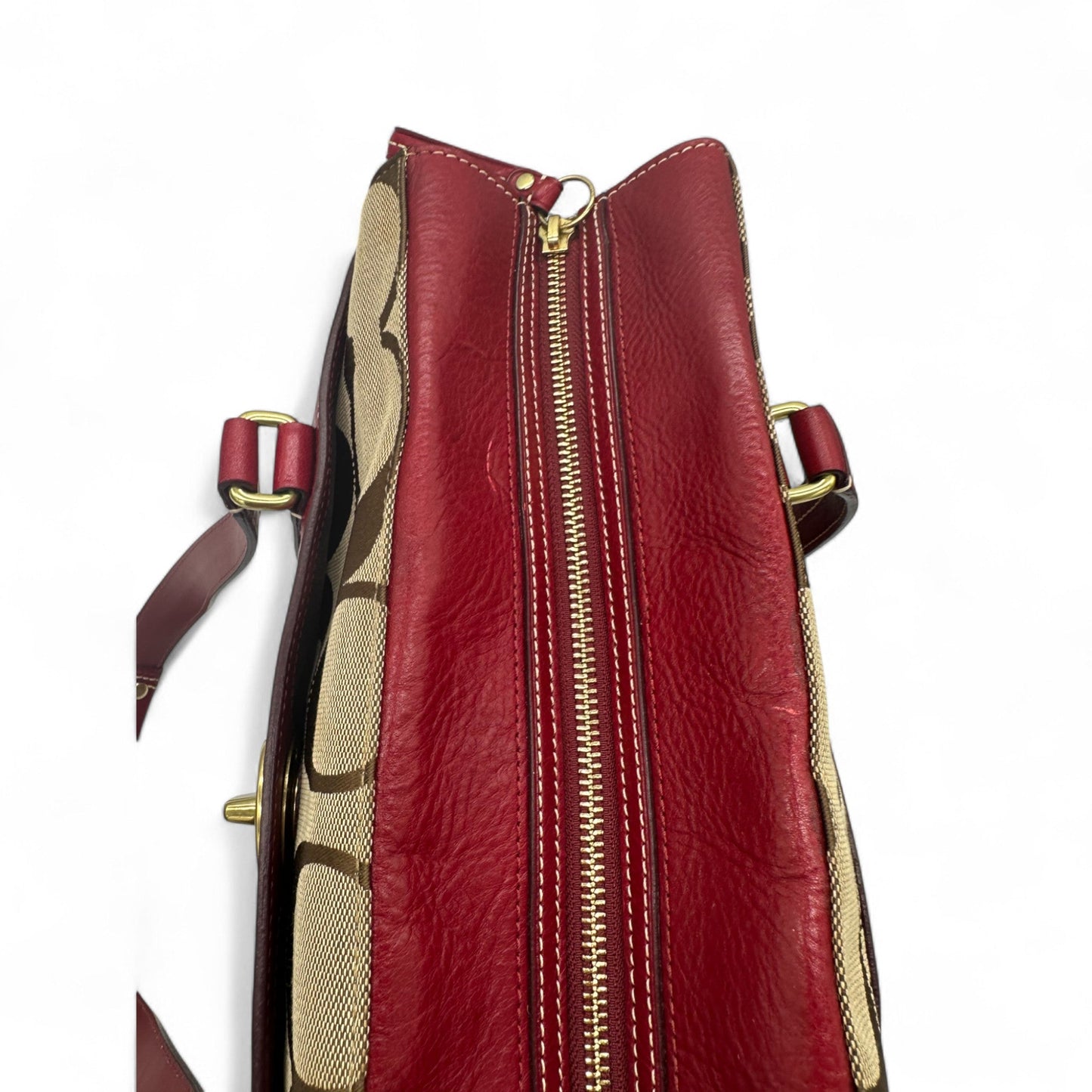 Vintage Coach 11072 Turnlock Red Leather Trim Monogram Handbag - Thanks it's Vintage