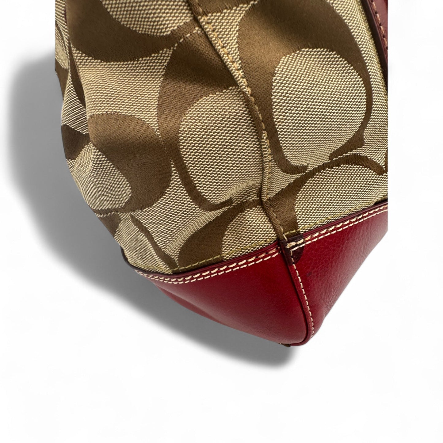 Vintage Coach 11072 Turnlock Red Leather Trim Monogram Handbag - Thanks it's Vintage