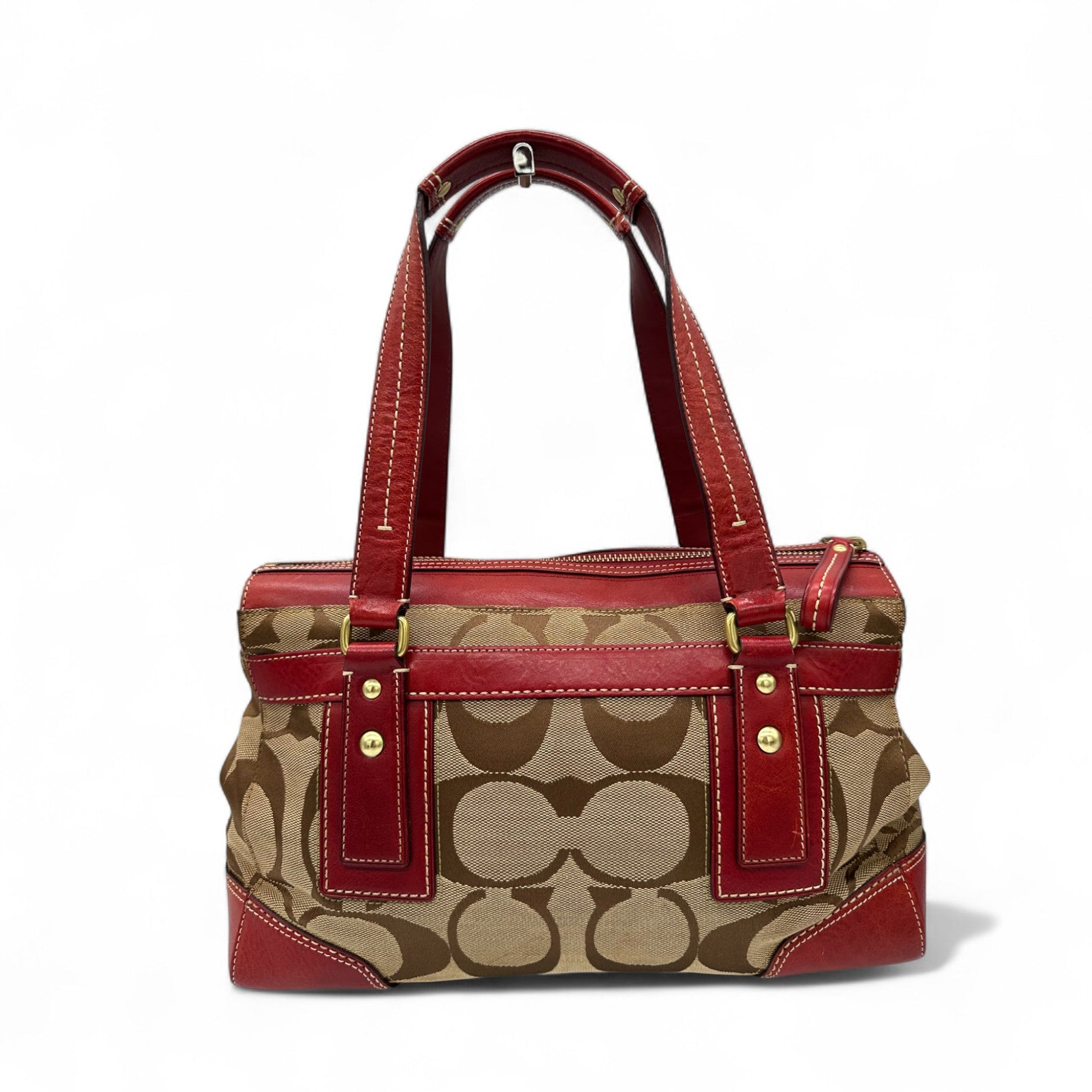 Vintage Coach 11072 Turnlock Red Leather Trim Monogram Handbag - Thanks it's Vintage