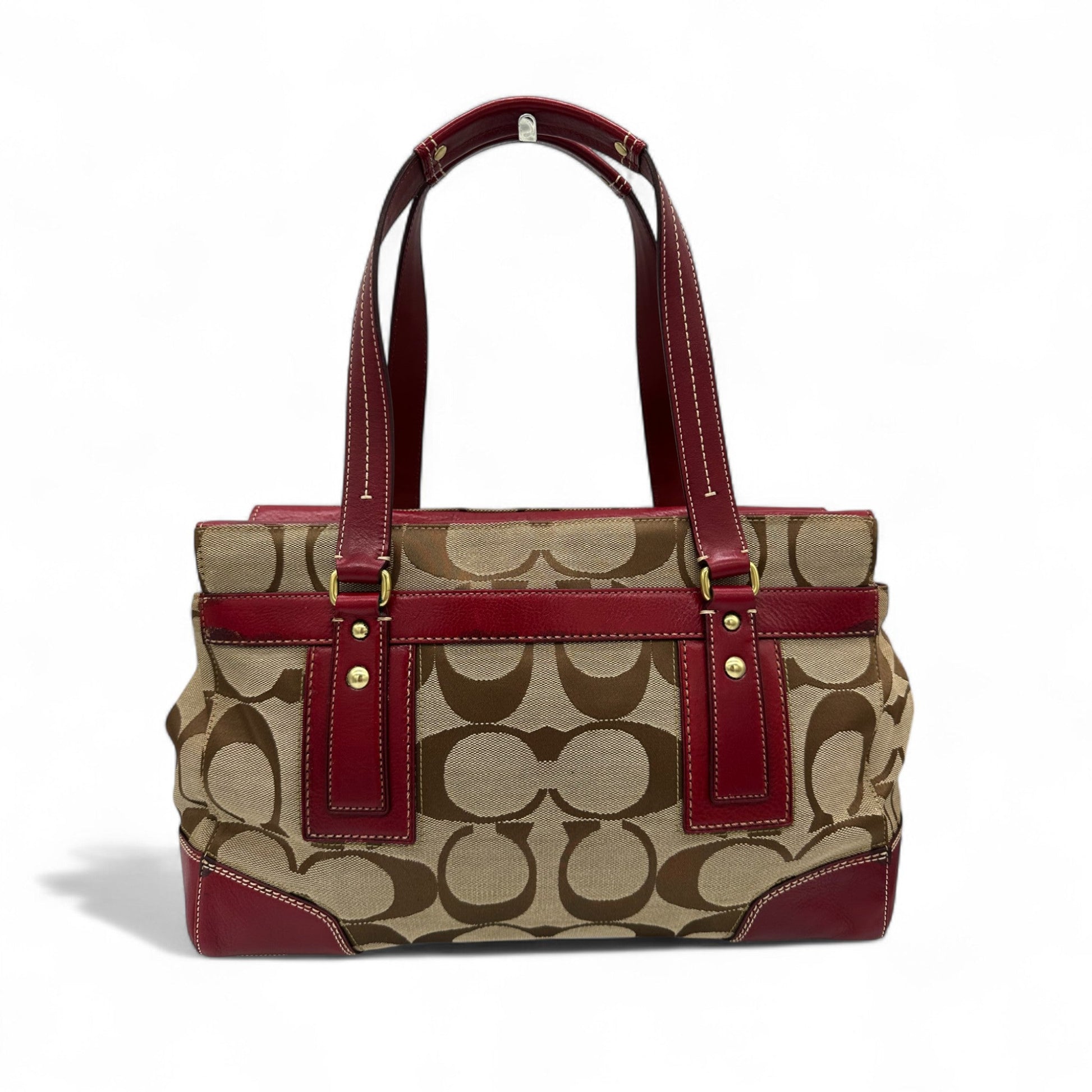 Vintage Coach 11072 Turnlock Red Leather Trim Monogram Handbag - Thanks it's Vintage