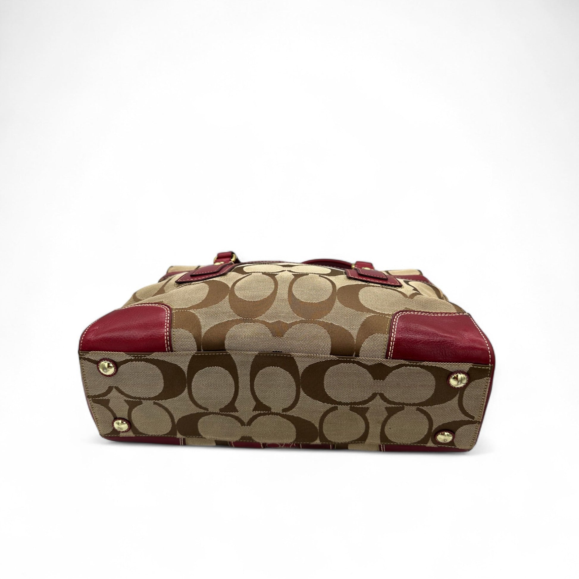 Vintage Coach 11072 Turnlock Red Leather Trim Monogram Handbag - Thanks it's Vintage