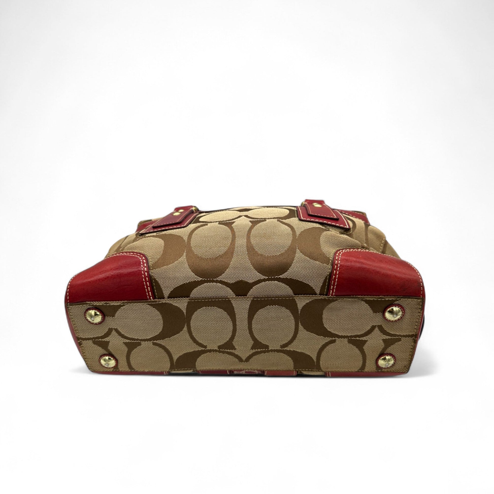 Vintage Coach 11072 Turnlock Red Leather Trim Monogram Handbag - Thanks it's Vintage