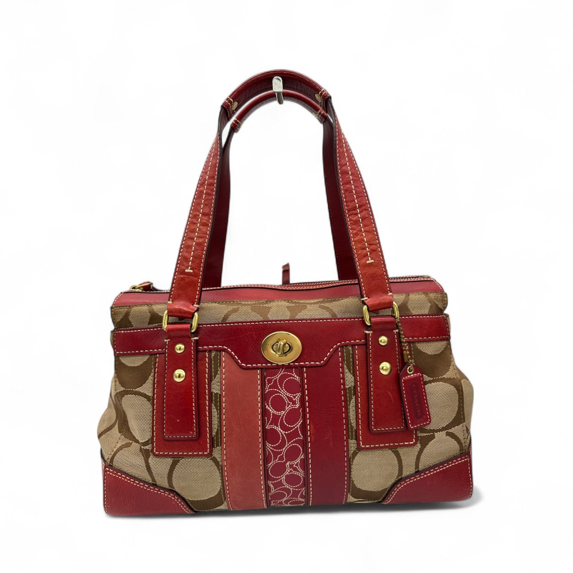 Vintage Coach 11072 Turnlock Red Leather Trim Monogram Handbag - Thanks it's Vintage