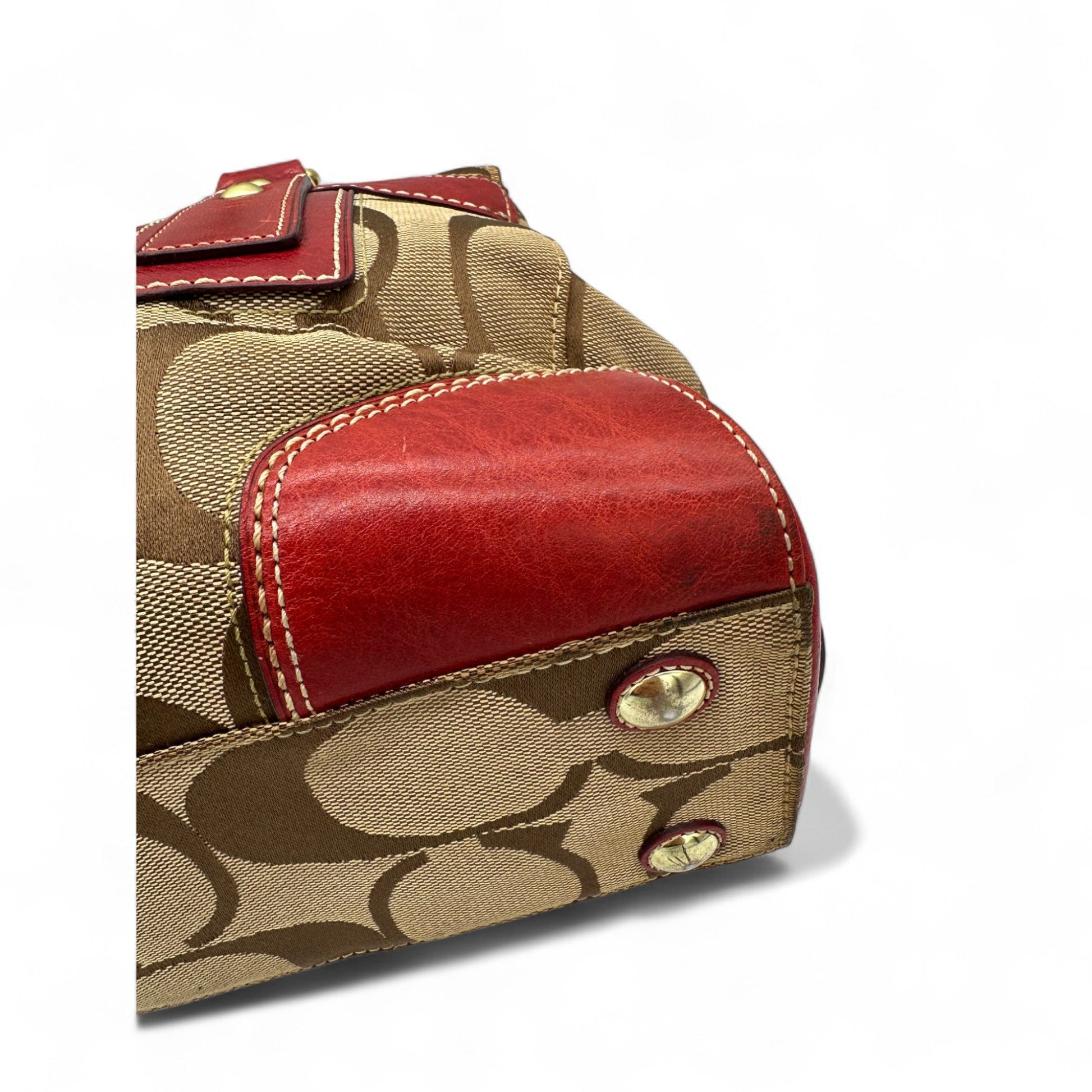 Vintage Coach 11072 Turnlock Red Leather Trim Monogram Handbag - Thanks it's Vintage