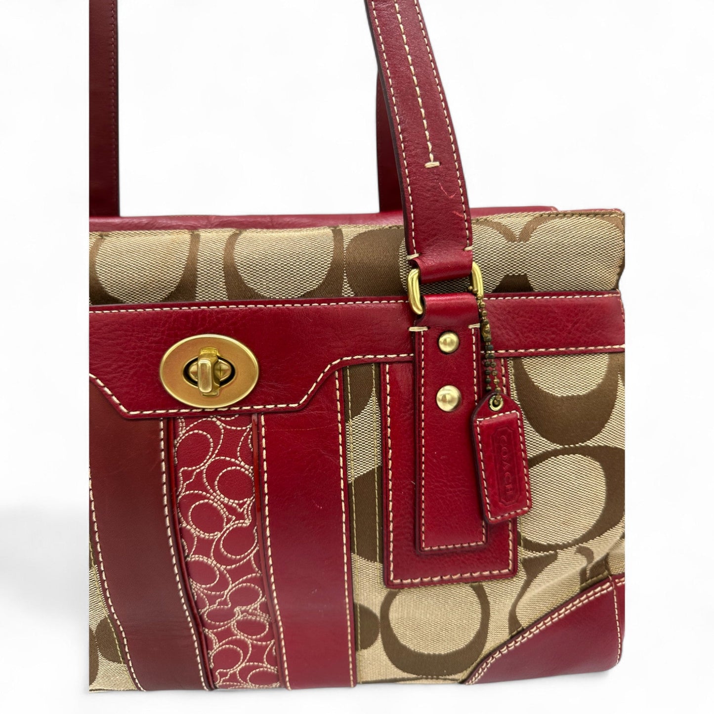 Vintage Coach 11072 Turnlock Red Leather Trim Monogram Handbag - Thanks it's Vintage