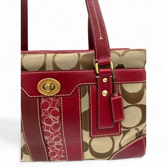 Vintage Coach 11072 Turnlock Red Leather Trim Monogram Handbag - Thanks it's Vintage