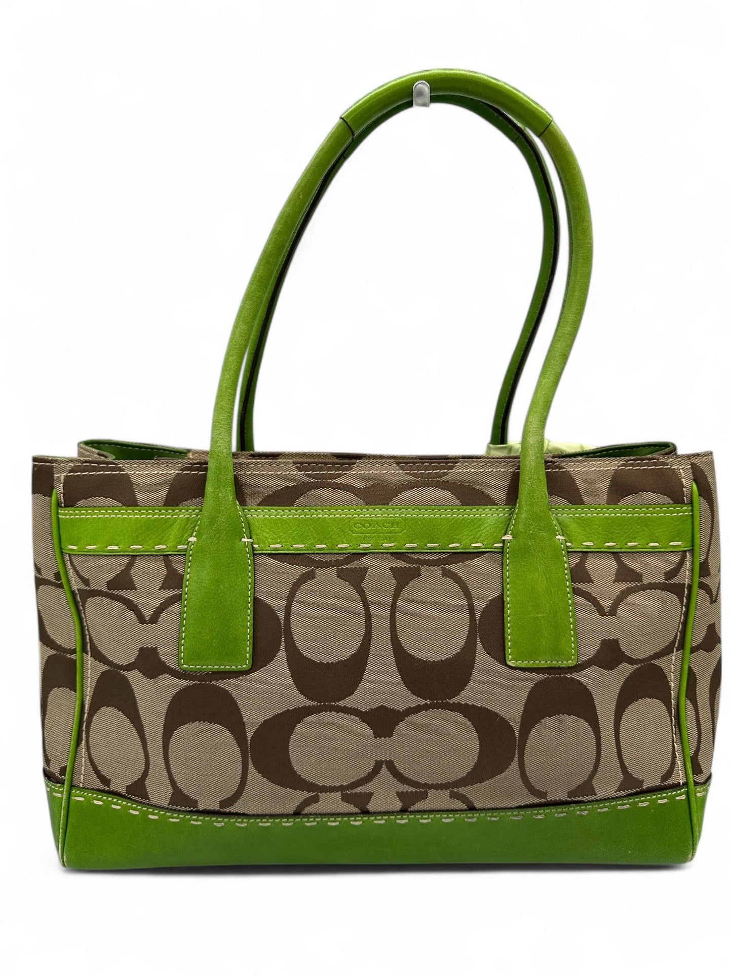 Vintage Coach 11561 Turnlock Handbag with Green Leather Trim, Signature Monogram and Scarf Detail - Thanks it's Vintage