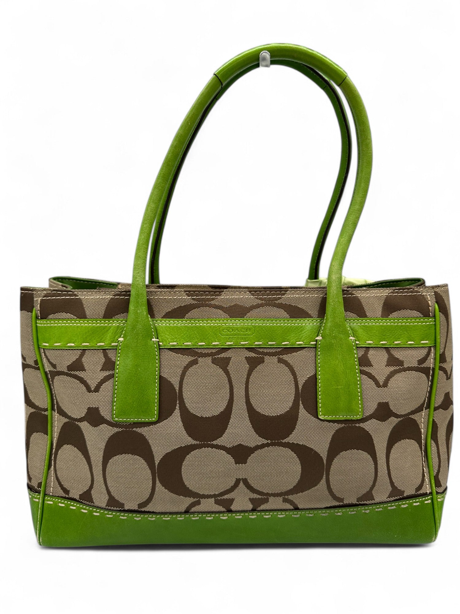 Vintage Coach 11561 Turnlock Handbag with Green Leather Trim, Signature Monogram and Scarf Detail - Thanks it's Vintage