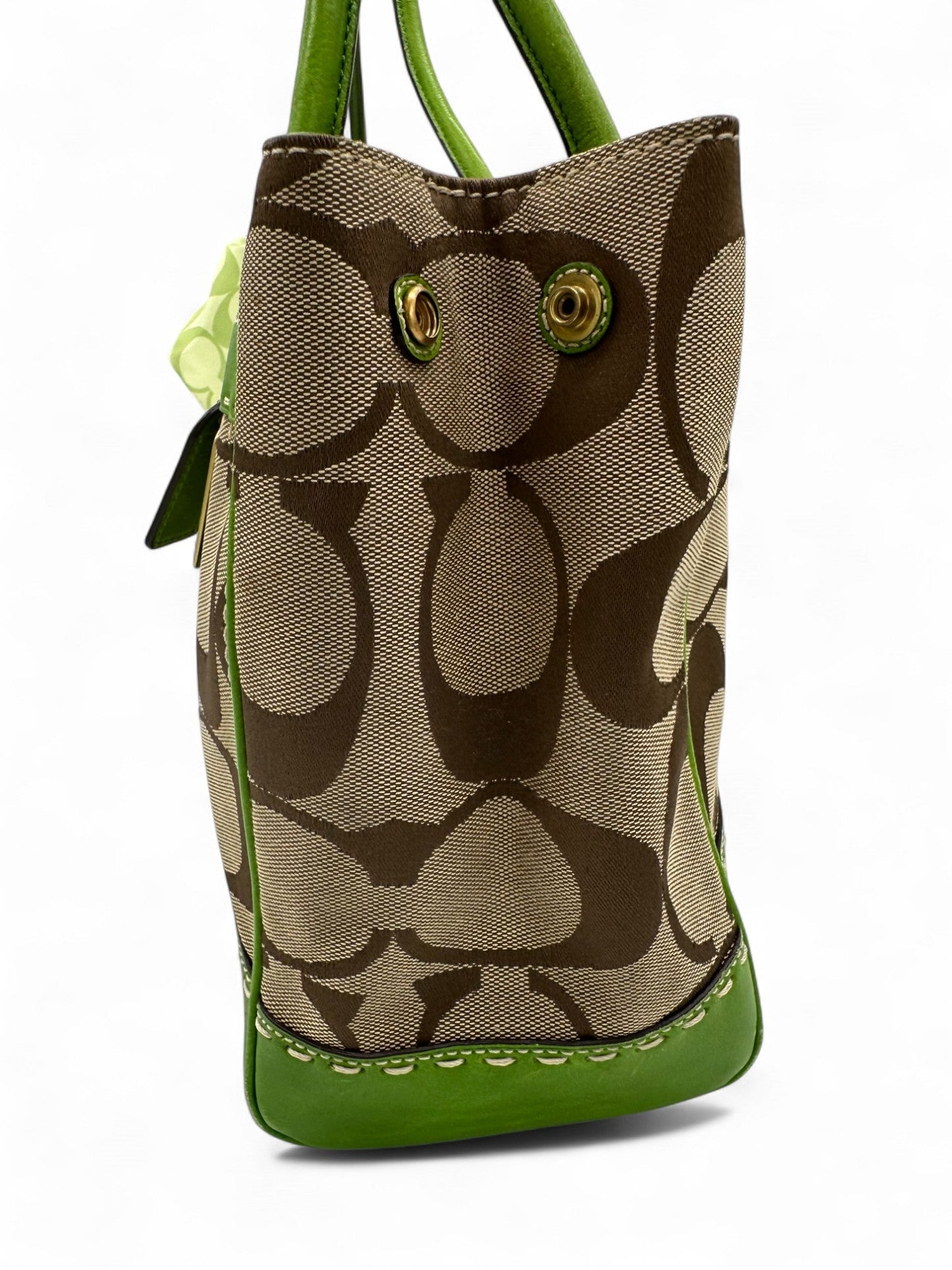 Vintage Coach 11561 Turnlock Handbag with Green Leather Trim, Signature Monogram and Scarf Detail - Thanks it's Vintage