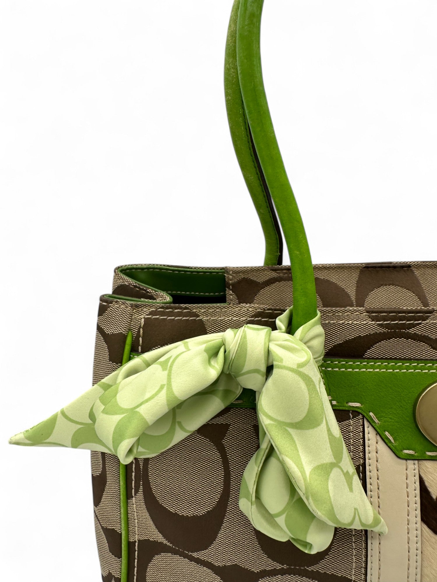 Vintage Coach 11561 Turnlock Handbag with Green Leather Trim, Signature Monogram and Scarf Detail - Thanks it's Vintage