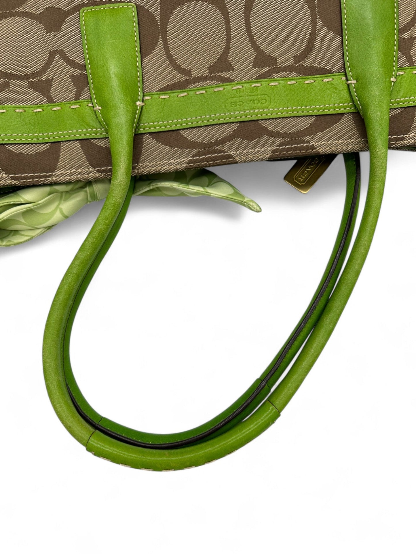 Vintage Coach 11561 Turnlock Handbag with Green Leather Trim, Signature Monogram and Scarf Detail - Thanks it's Vintage