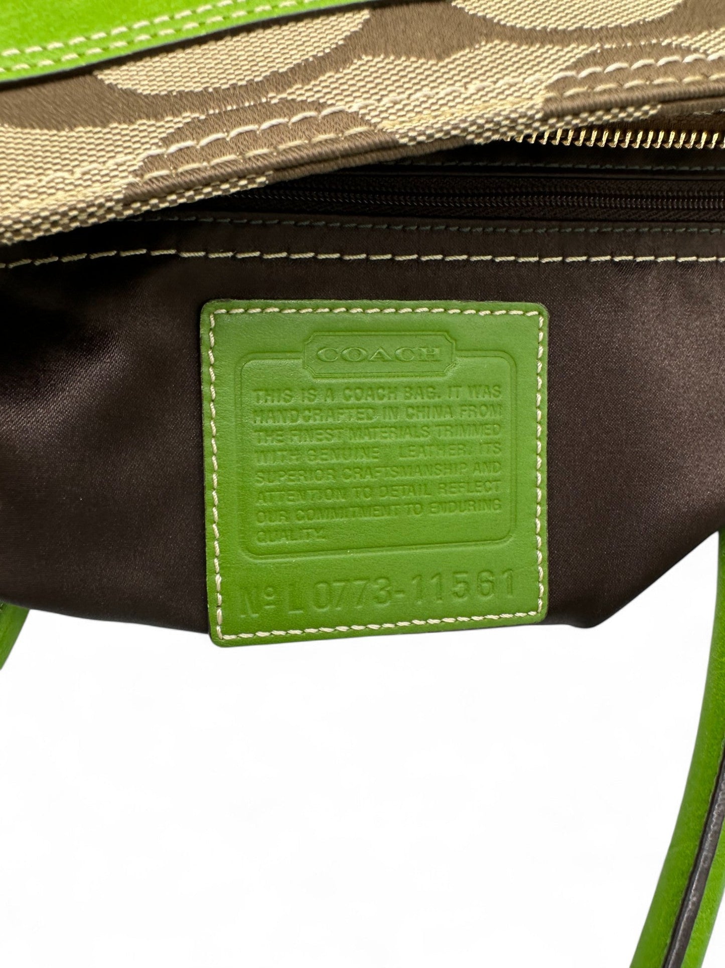 Vintage Coach 11561 Turnlock Handbag with Green Leather Trim, Signature Monogram and Scarf Detail - Thanks it's Vintage