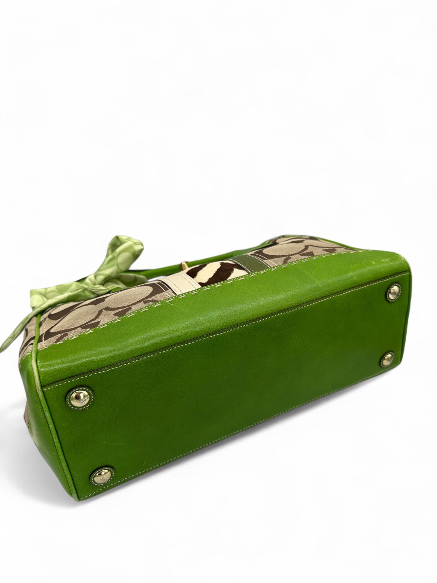 Vintage Coach 11561 Turnlock Handbag with Green Leather Trim, Signature Monogram and Scarf Detail - Thanks it's Vintage