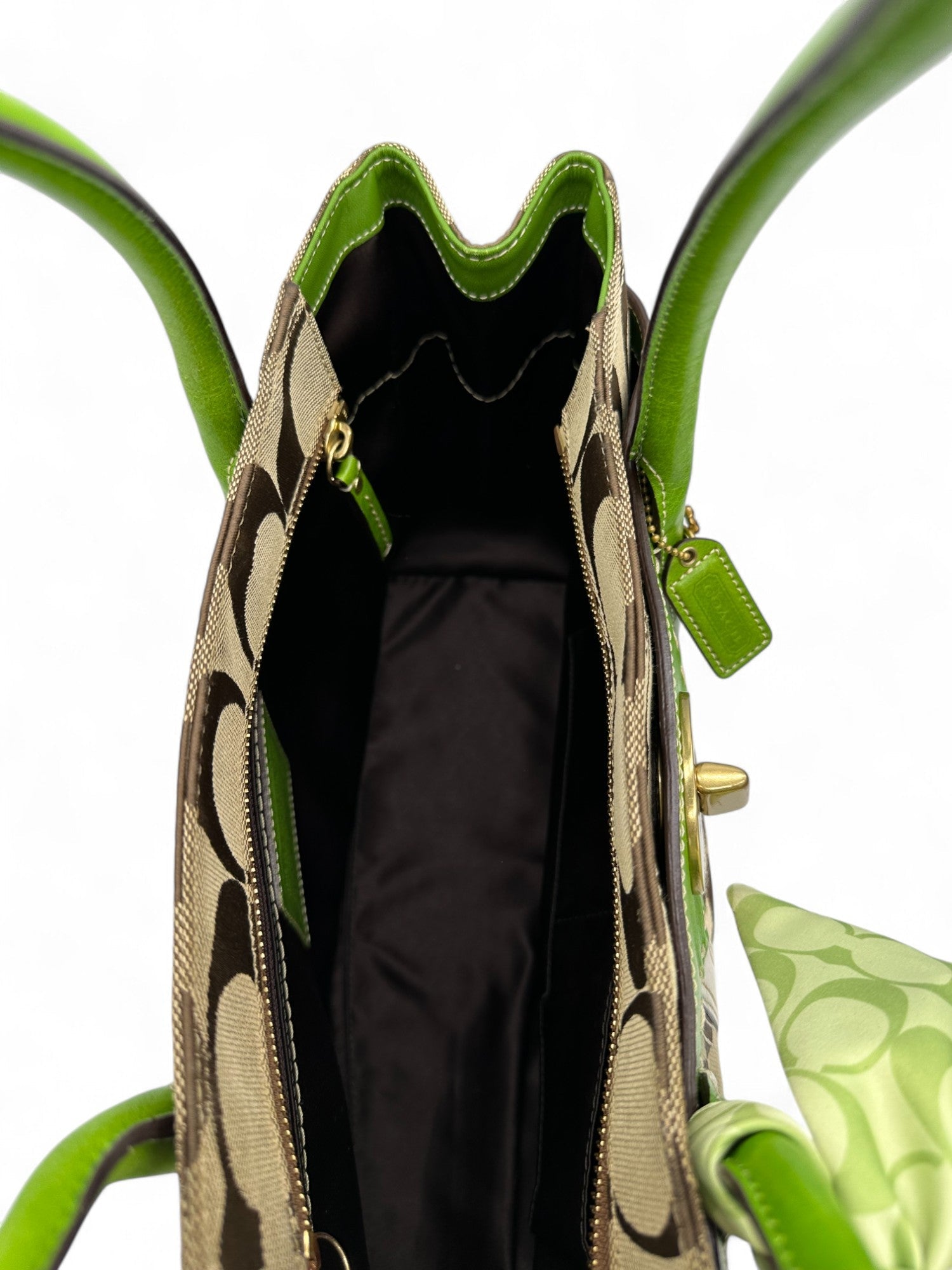 Vintage Coach 11561 Turnlock Handbag with Green Leather Trim, Signature Monogram and Scarf Detail - Thanks it's Vintage