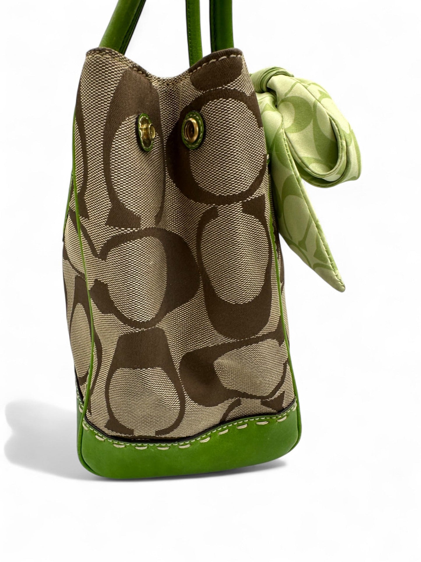 Vintage Coach 11561 Turnlock Handbag with Green Leather Trim, Signature Monogram and Scarf Detail - Thanks it's Vintage