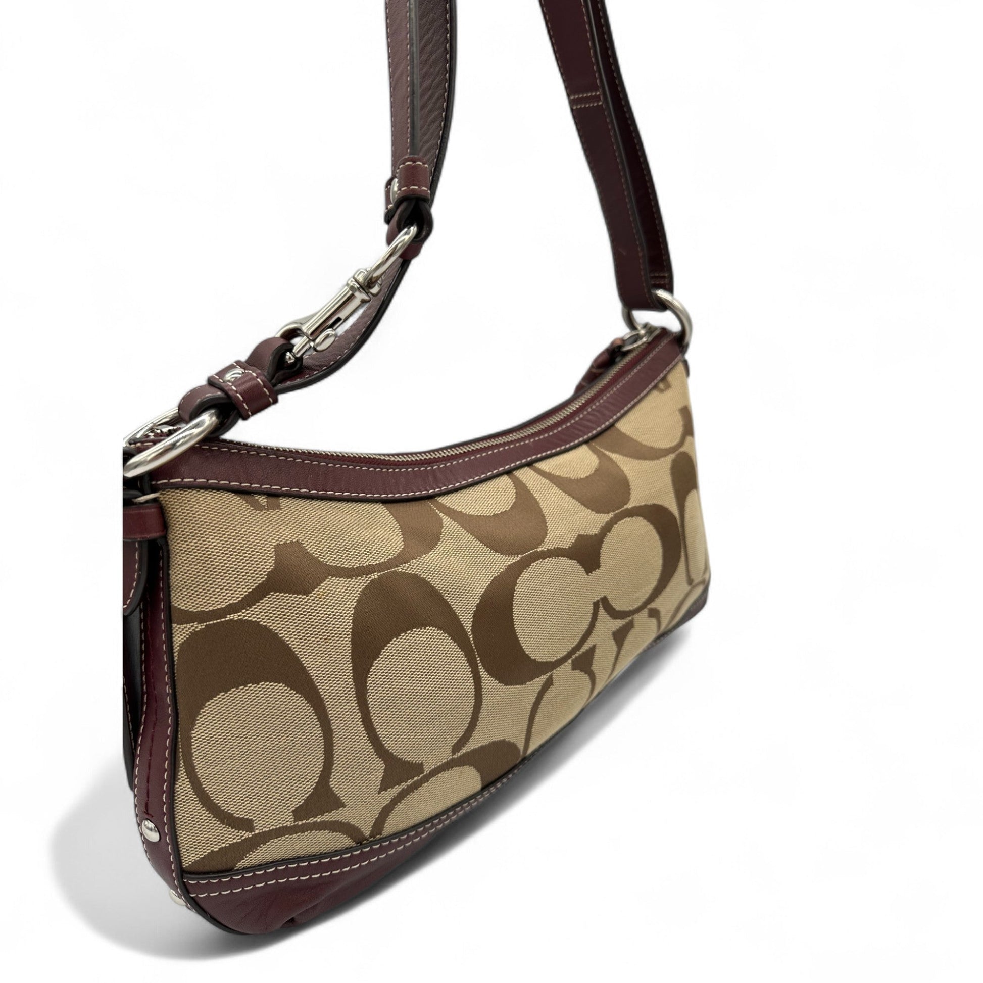 Vintage Coach F19781 Burgundy Leather Trim Shoulder Bag in Signature Monogram - Thanks it's Vintage