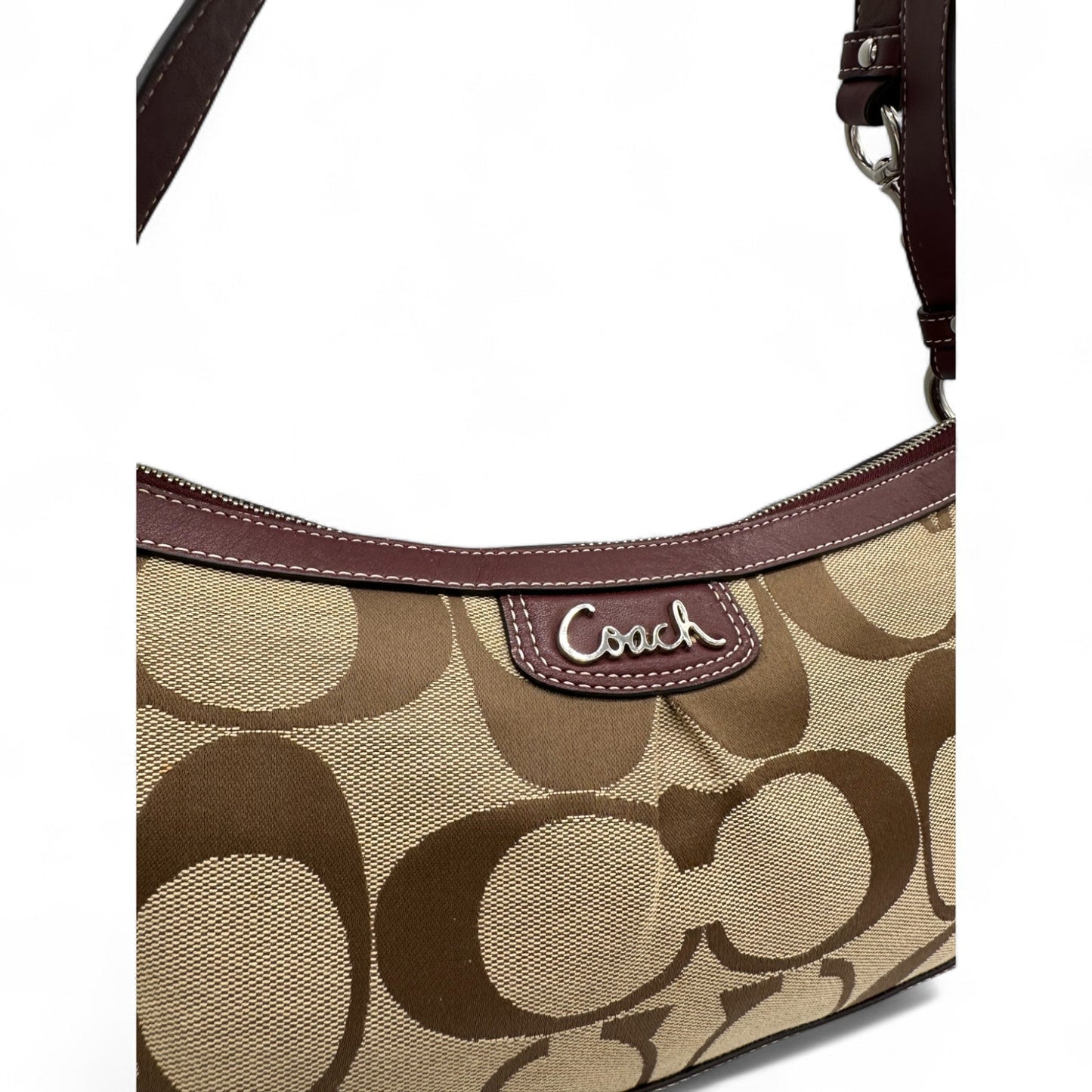 Vintage Coach F19781 Burgundy Leather Trim Shoulder Bag in Signature Monogram - Thanks it's Vintage