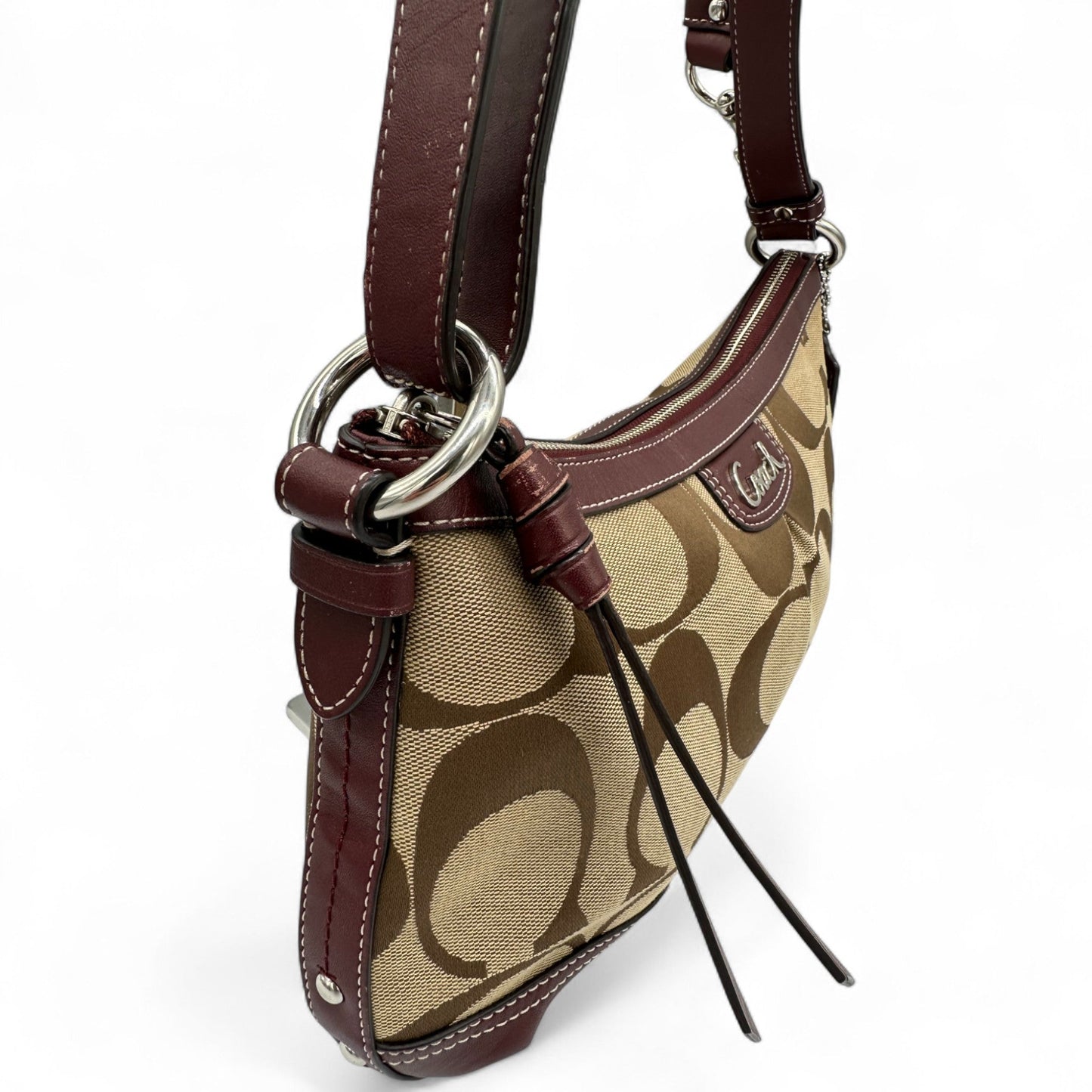 Vintage Coach F19781 Burgundy Leather Trim Shoulder Bag in Signature Monogram - Thanks it's Vintage