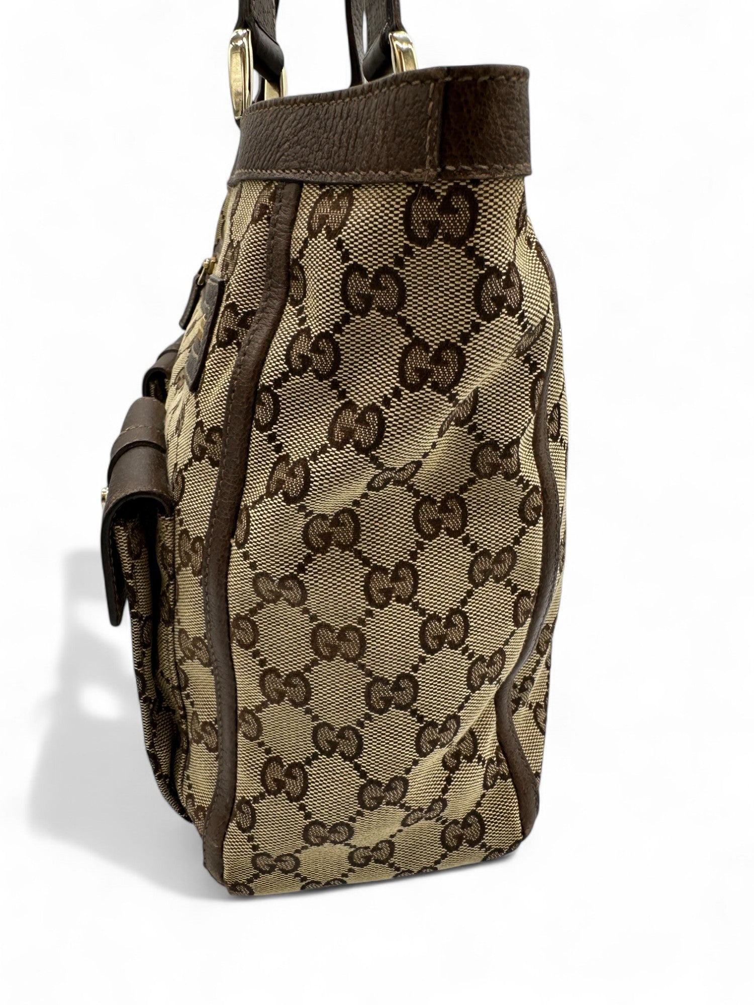 Vintage Gucci Abbey Pocket Tote Shoulder Bag in GG Monogram with Brown Leather Trim - Thanks it's Vintage