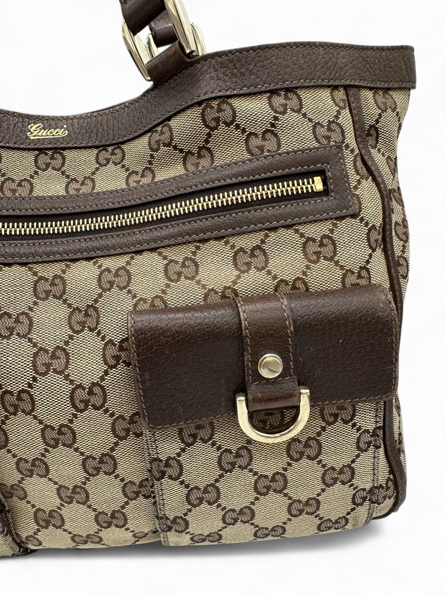 Vintage Gucci Abbey Pocket Tote Shoulder Bag in GG Monogram with Brown Leather Trim - Thanks it's Vintage