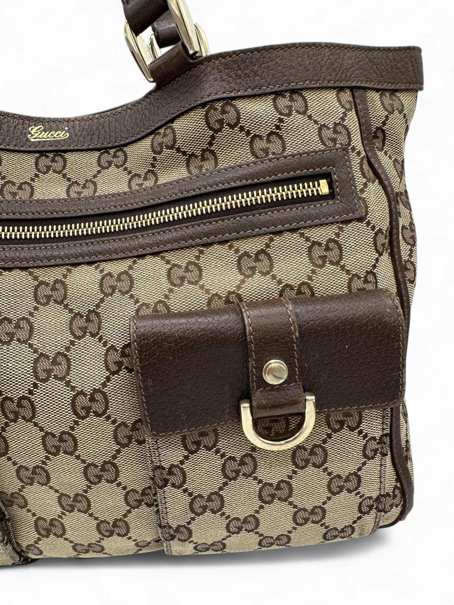 Vintage Gucci Abbey Pocket Tote Shoulder Bag in GG Monogram with Brown Leather Trim - Thanks it's Vintage