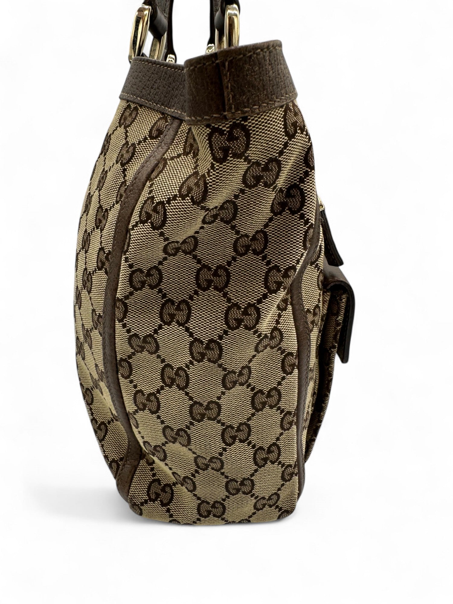 Vintage Gucci Abbey Pocket Tote Shoulder Bag in GG Monogram with Brown Leather Trim - Thanks it's Vintage