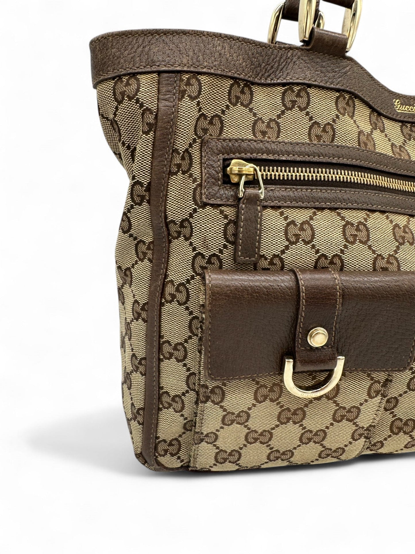 Vintage Gucci Abbey Pocket Tote Shoulder Bag in GG Monogram with Brown Leather Trim - Thanks it's Vintage