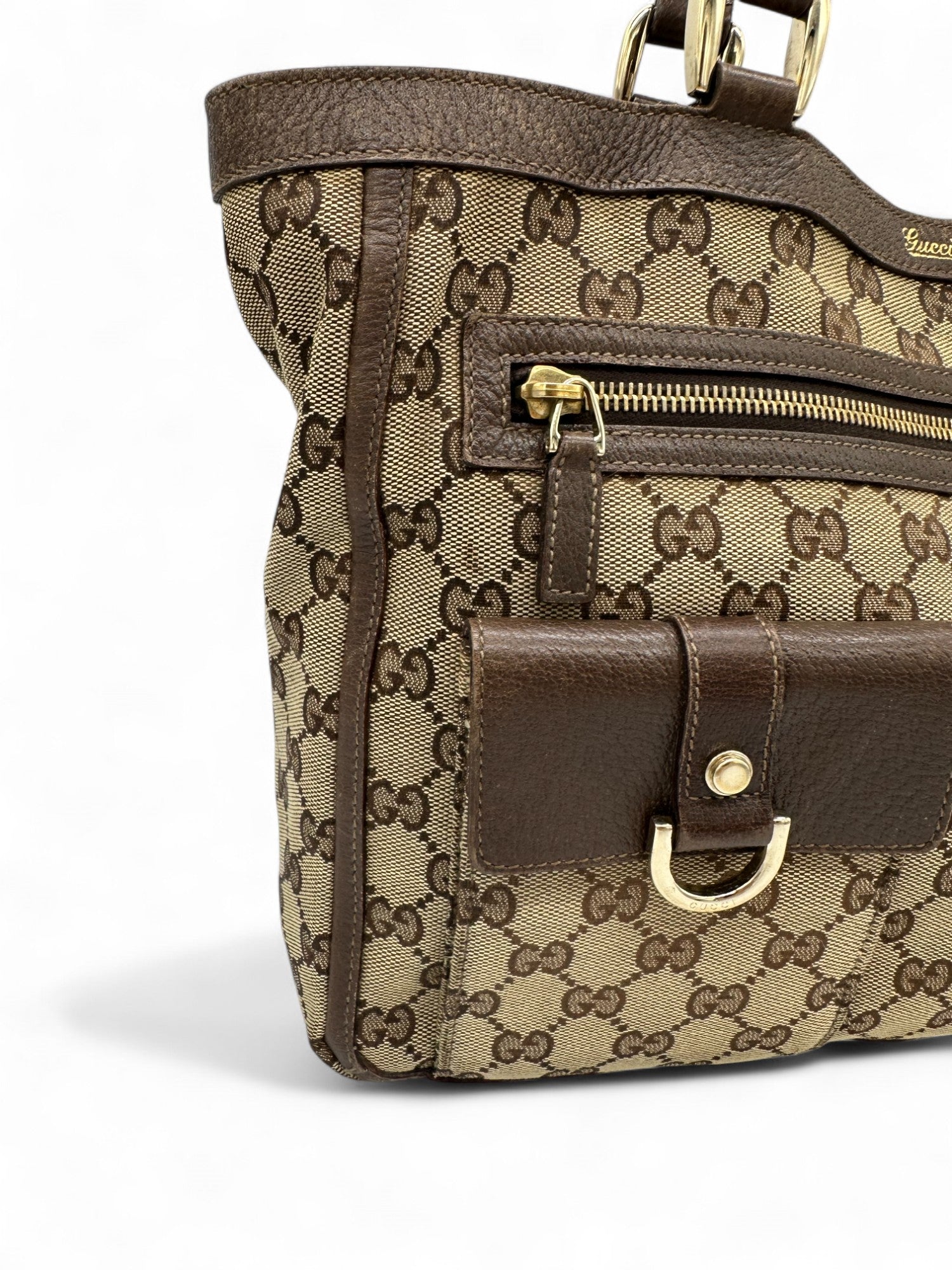 Vintage Gucci Abbey Pocket Tote Shoulder Bag in GG Monogram with Brown Leather Trim - Thanks it's Vintage