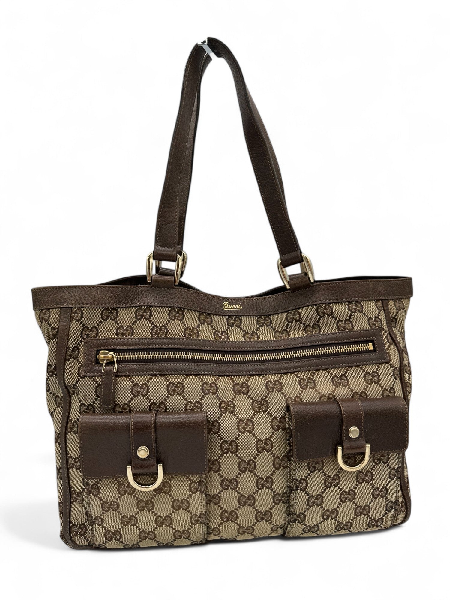 Vintage Gucci Abbey Pocket Tote Shoulder Bag in GG Monogram with Brown Leather Trim - Thanks it's Vintage