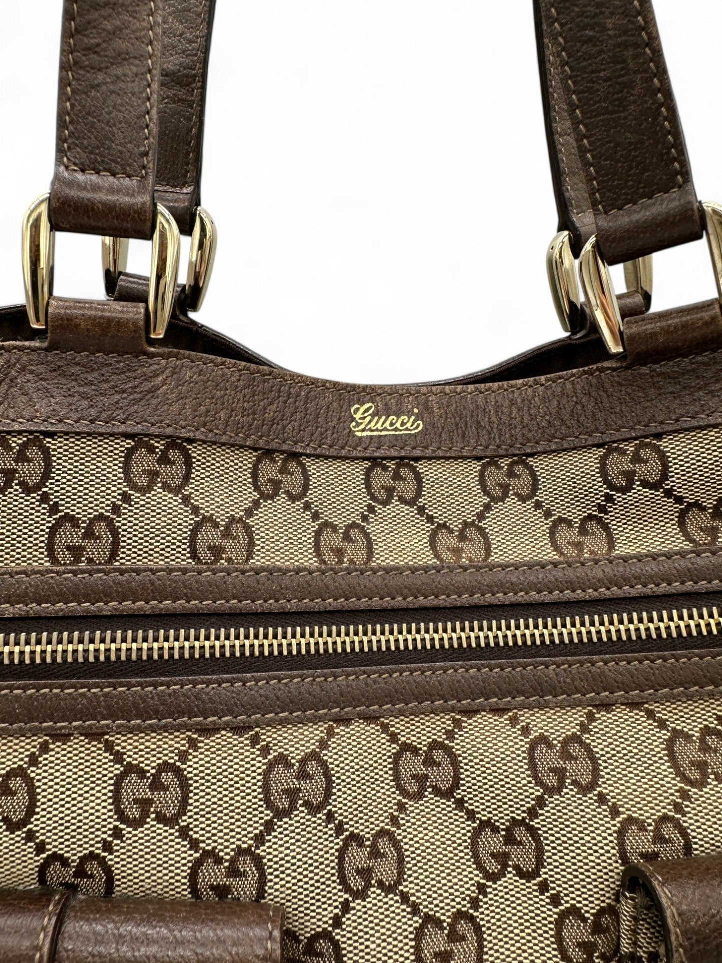 Vintage Gucci Abbey Pocket Tote Shoulder Bag in GG Monogram with Brown Leather Trim - Thanks it's Vintage