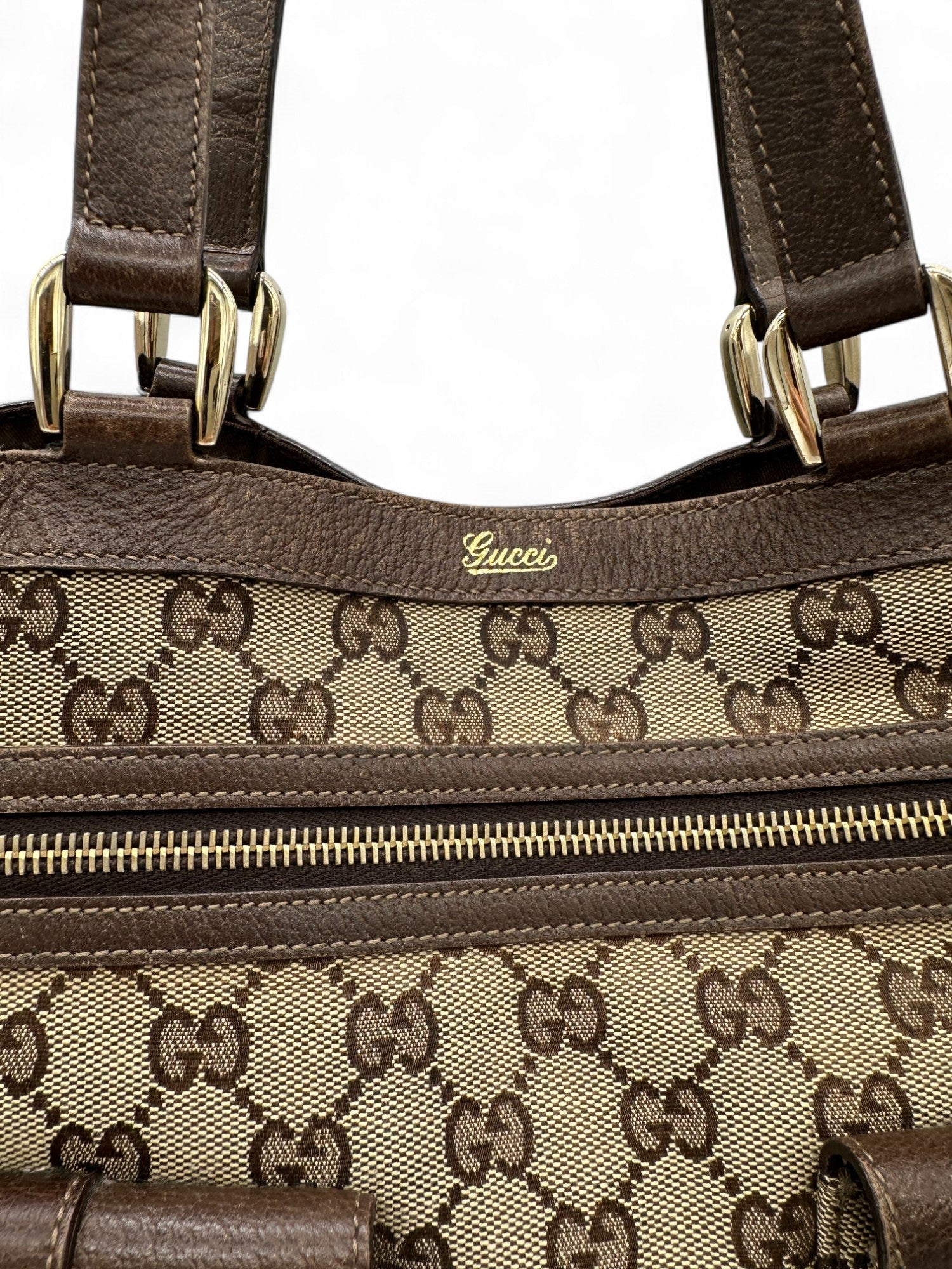 Vintage Gucci Abbey Pocket Tote Shoulder Bag in GG Monogram with Brown Leather Trim - Thanks it's Vintage