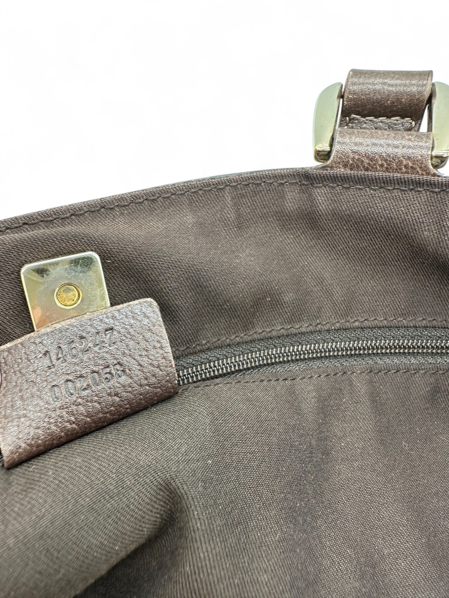 Vintage Gucci Abbey Pocket Tote Shoulder Bag in GG Monogram with Brown Leather Trim - Thanks it's Vintage