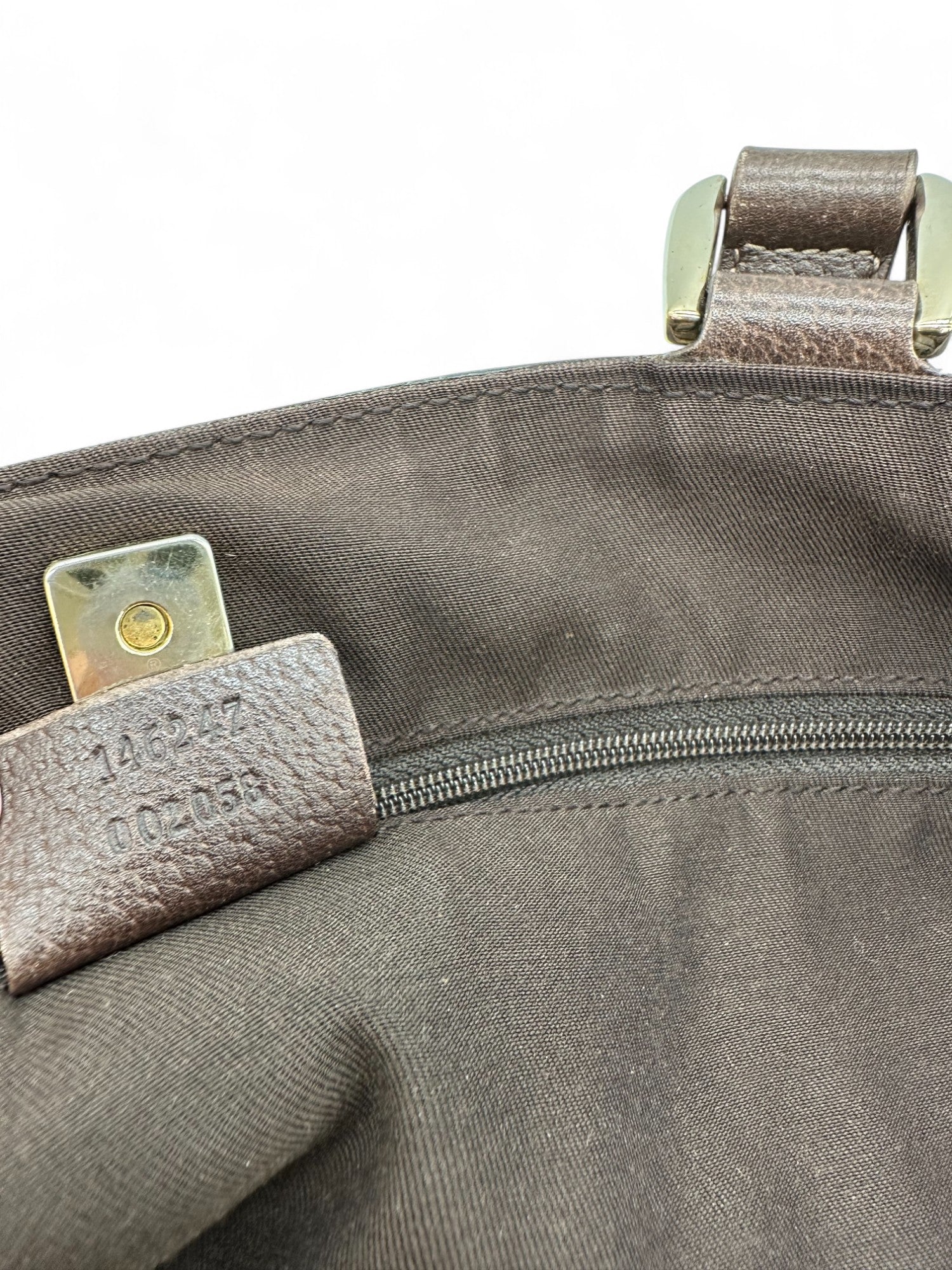 Vintage Gucci Abbey Pocket Tote Shoulder Bag in GG Monogram with Brown Leather Trim - Thanks it's Vintage