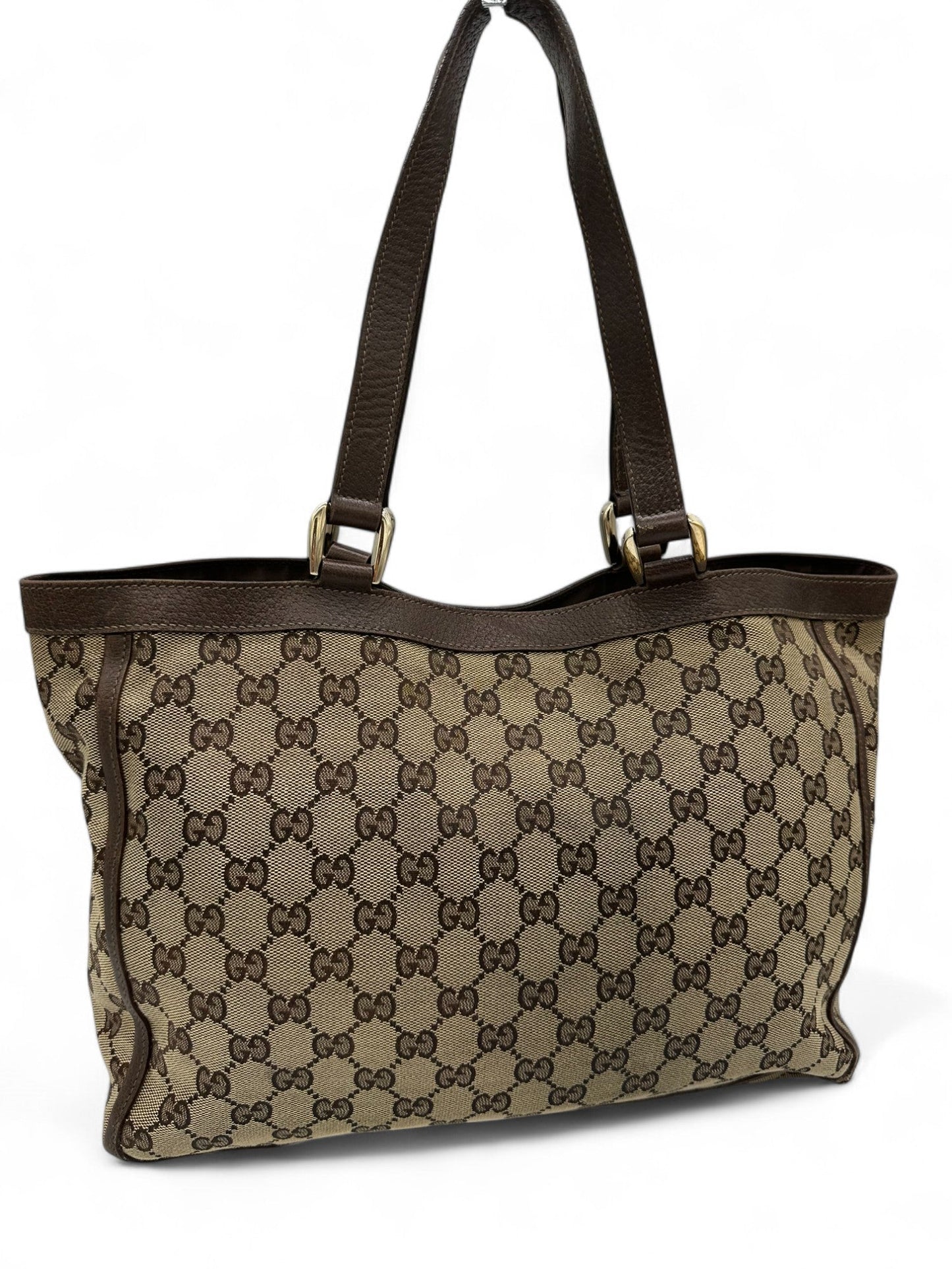 Vintage Gucci Abbey Pocket Tote Shoulder Bag in GG Monogram with Brown Leather Trim - Thanks it's Vintage