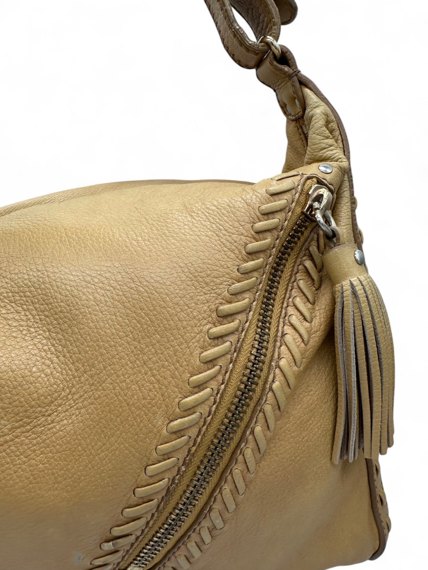 Vintage Jimmy Choo Lily Slouchy Hobo Shoulder Bag with Fringe Detail in Tan Leather - Thanks it's Vintage