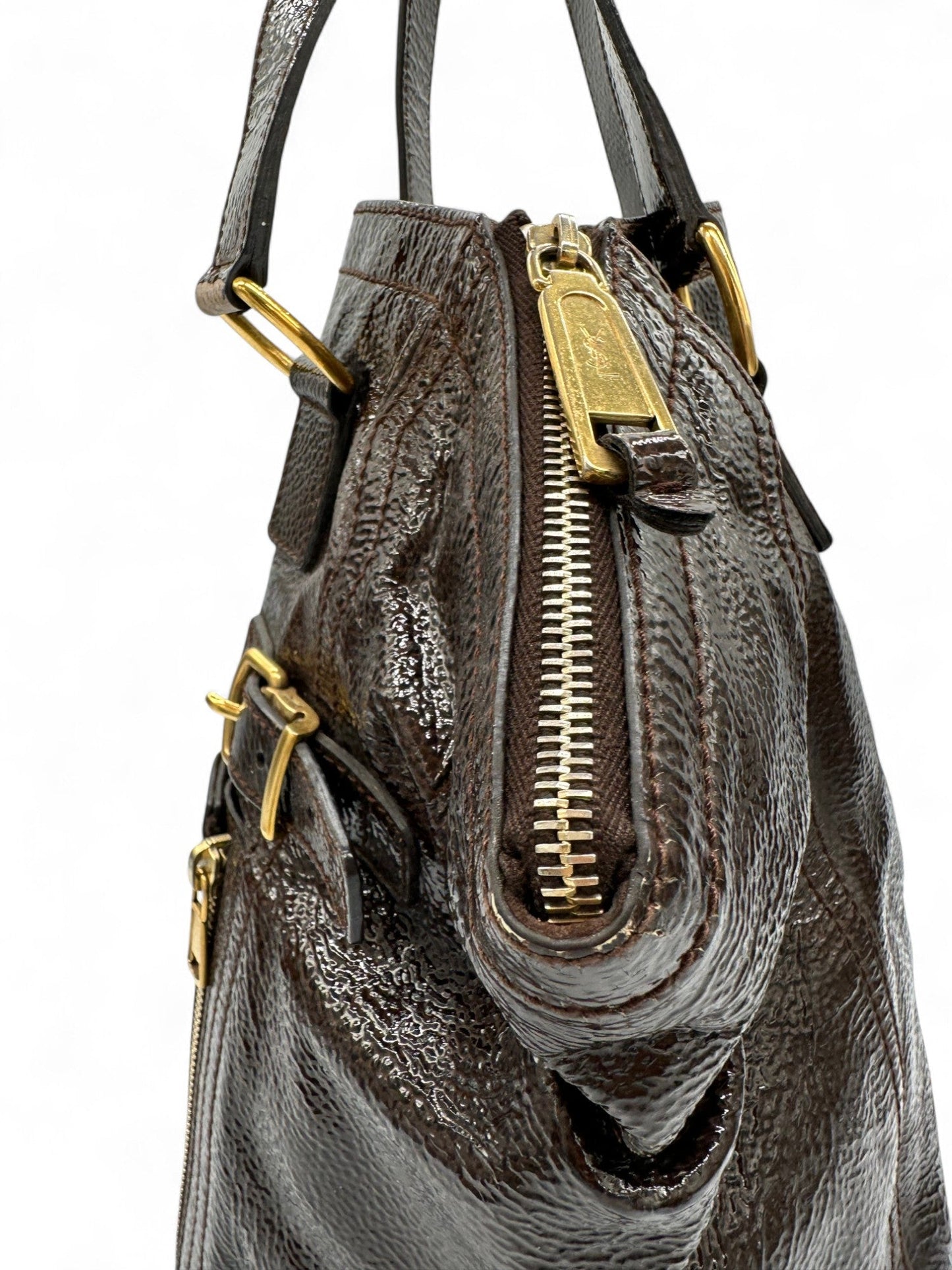 Vintage Yves Saint Laurent Downton Tote Shoulder Bag in Dark Brown Patent Leather - Thanks it's Vintage